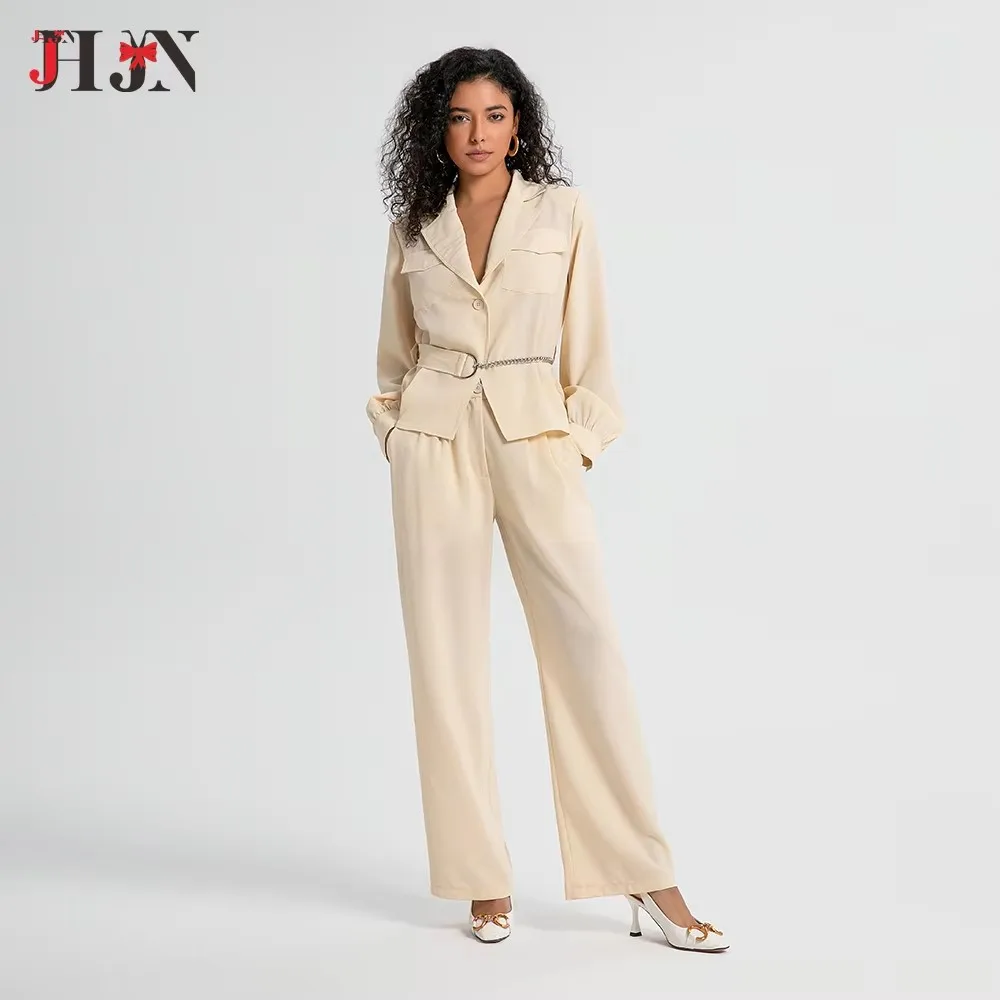 JHJN 2025, modisches Damen-Set, einfarbig, einreihig, Blazer und Vintage-Hose mit elastischer Taille, weibliche, schicke Damen-Hosen-Sets