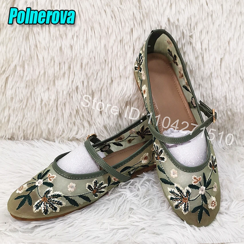 

Green Mesh Floral Embroidered Ballet Flats for Women Summer Round Toe Buckle Mary Jane Shoes Breathable Soft Soled Casual Shoes