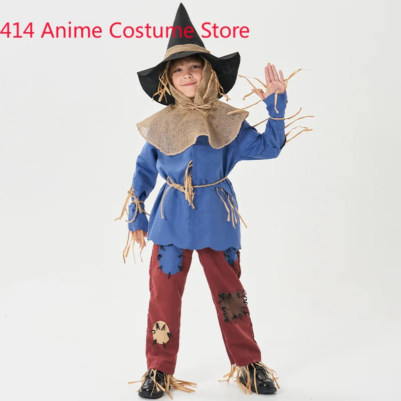 Unisex Child Kids Puppet Scarecrow Costume for Boys Girls Blue Top Pants Set Fantasia Halloween Stage Fancy Dress