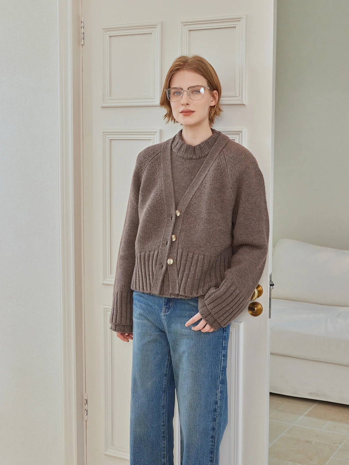 

TheEase Comfortable Camere Wool Blend Open Cardigan Loose Casual V-Ne Oaeal Knitted Outerwear Women's Faion Winter Coat