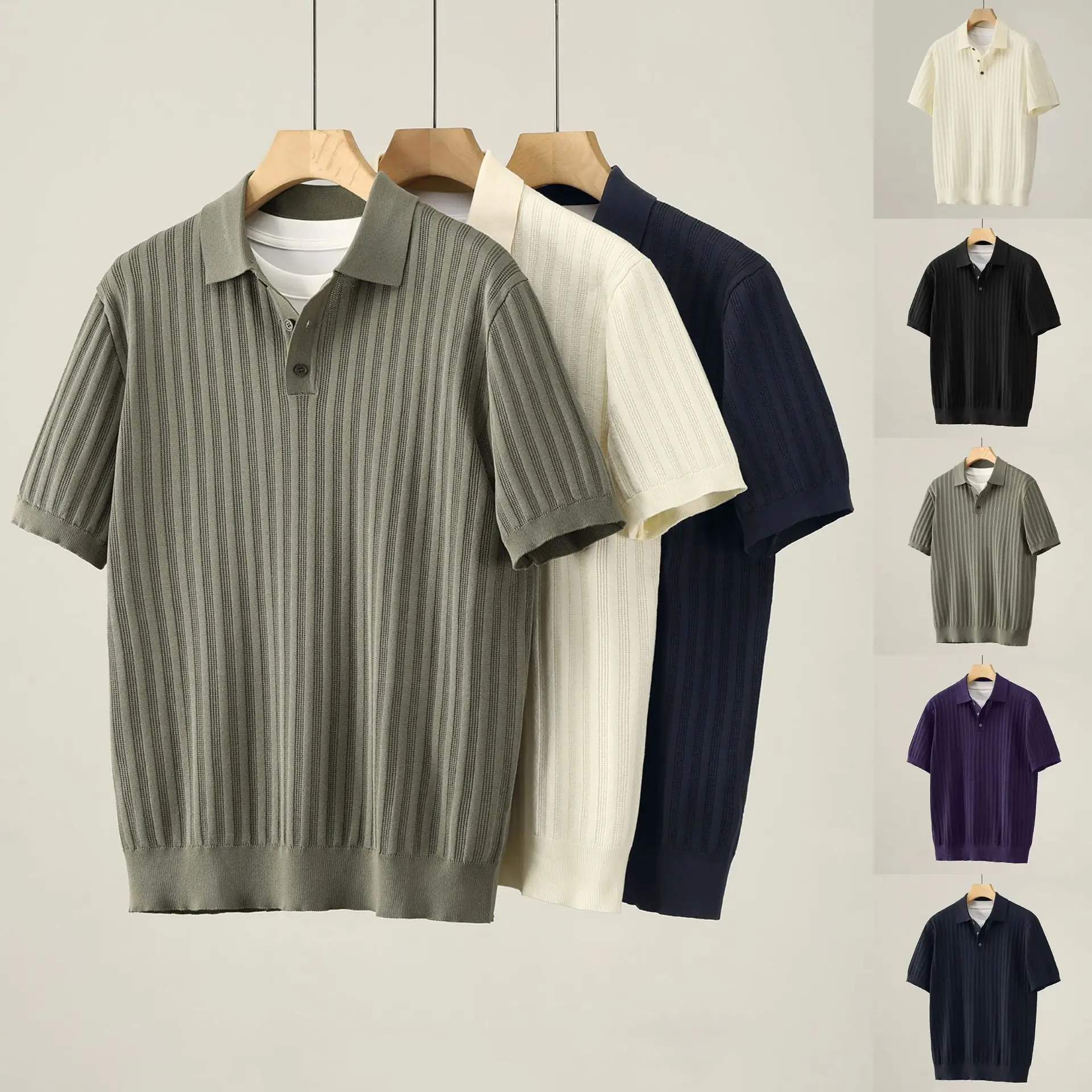 Summer POLO Shirt Knitted Sweater Short Sleeve Men's Lapel Paul Anti-Stripe Business T-Shirt