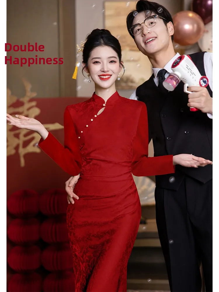 

Красное длинное вечернее платье-русалка с длинными рукавами для помолвки, вечеринок, подружек невесты, из полиэфирного волокна