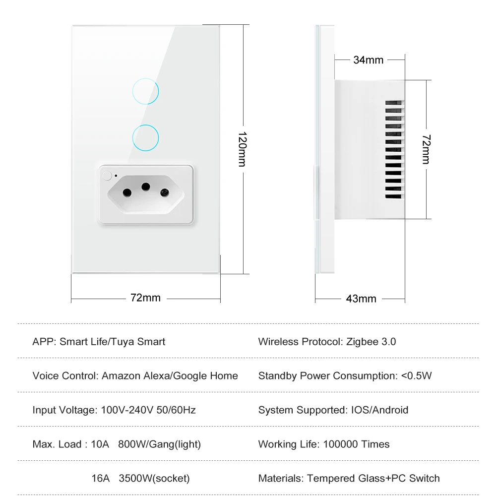 AVATTO Tuya ZigBee Smart Wall Switch&Socket Brazil Standard 4X2 Glass Panel 1/2 Buttons Light Switch For Alexa Google Home Ailce