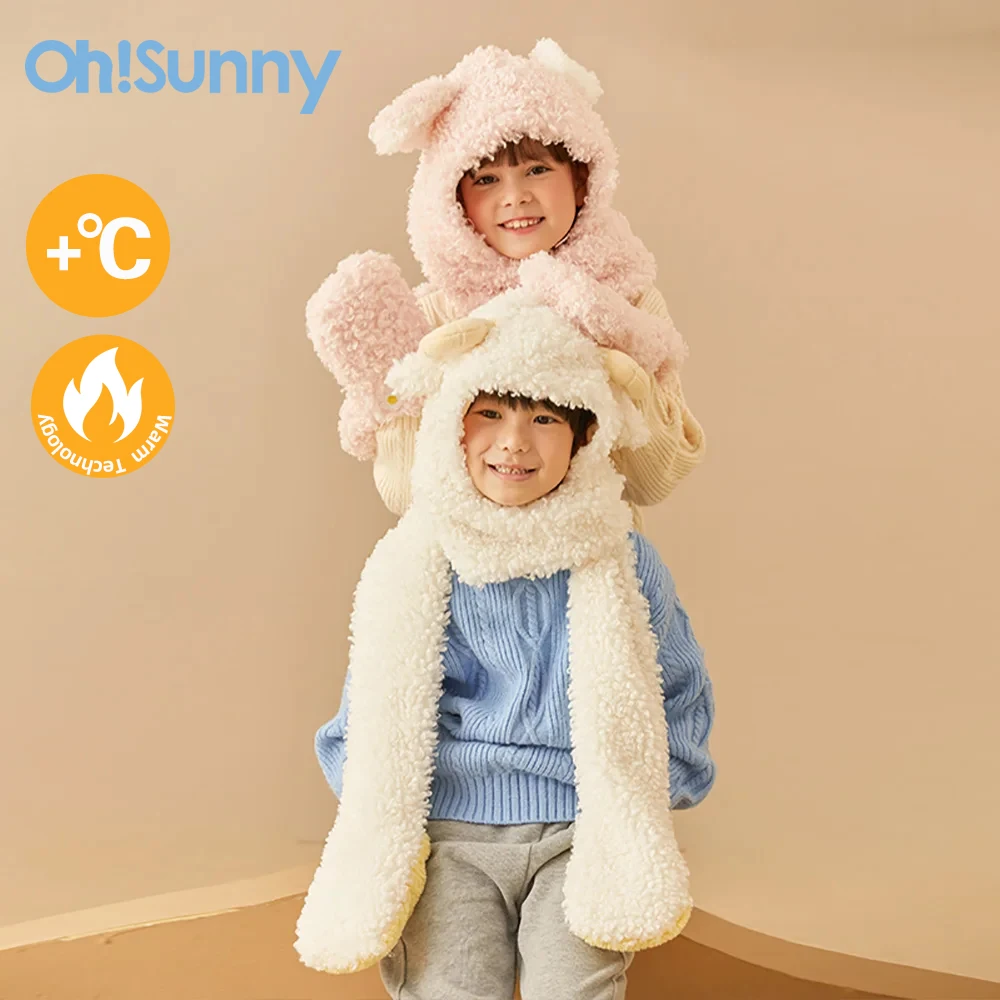 【US Stock】Ohsunny Fashion Winter Hat Scarf Gloves Three in one Kids Thicken Fleece Cap Cartoon Earmuffs Beanies Girls Boys Gifts