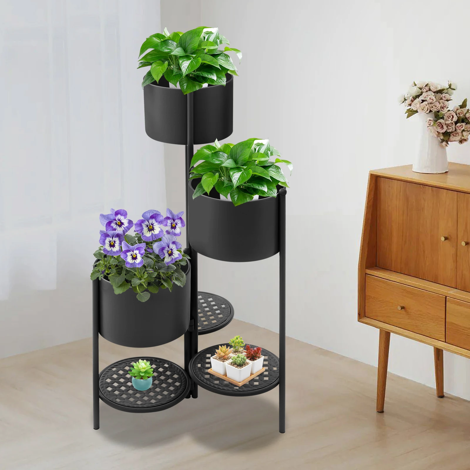 

Трехуровневая угловая подставка для растений, складная высокая подставка для цветов, металлическая полка без сборки, экономит место, для балкона, патио, гостиной