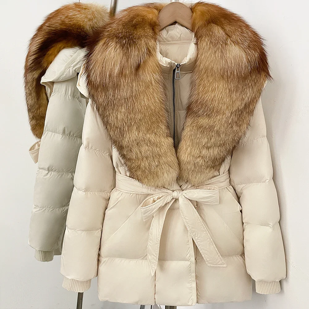 OFTBUY Große Jacke mit Kapuze und natürlichem Pelzkragen, mit echtem Fell, dicker Gürtel, Reißverschluss, Daunenjacke, Damen-Wintermantel – Detail 29