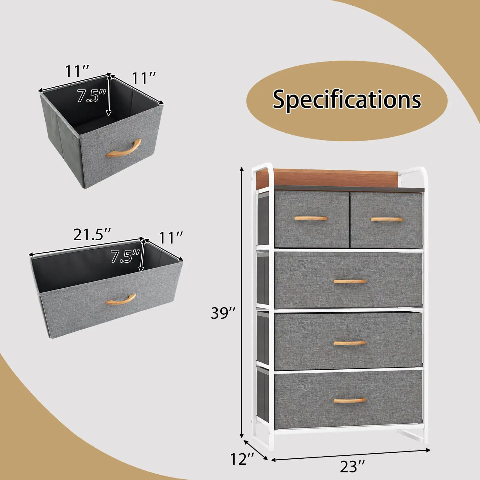 Costway 5-Drawer Dresser Storage 4-Tier Organizer Tower Steel Frame Wooden Top