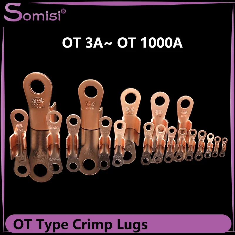 

OT Type Open-End Red Copper Circular Splice Crimp Terminal 3A ~1000A Wire Naked Cable Connector Ring Battery lugs Terminals