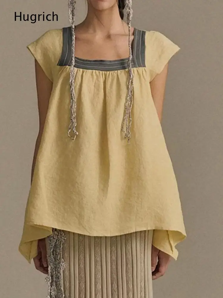 Lightweight Textured Tank Top Contrast Stripe Square Neck Pleated Bust Asymmetrical Hem Summer Blouse
