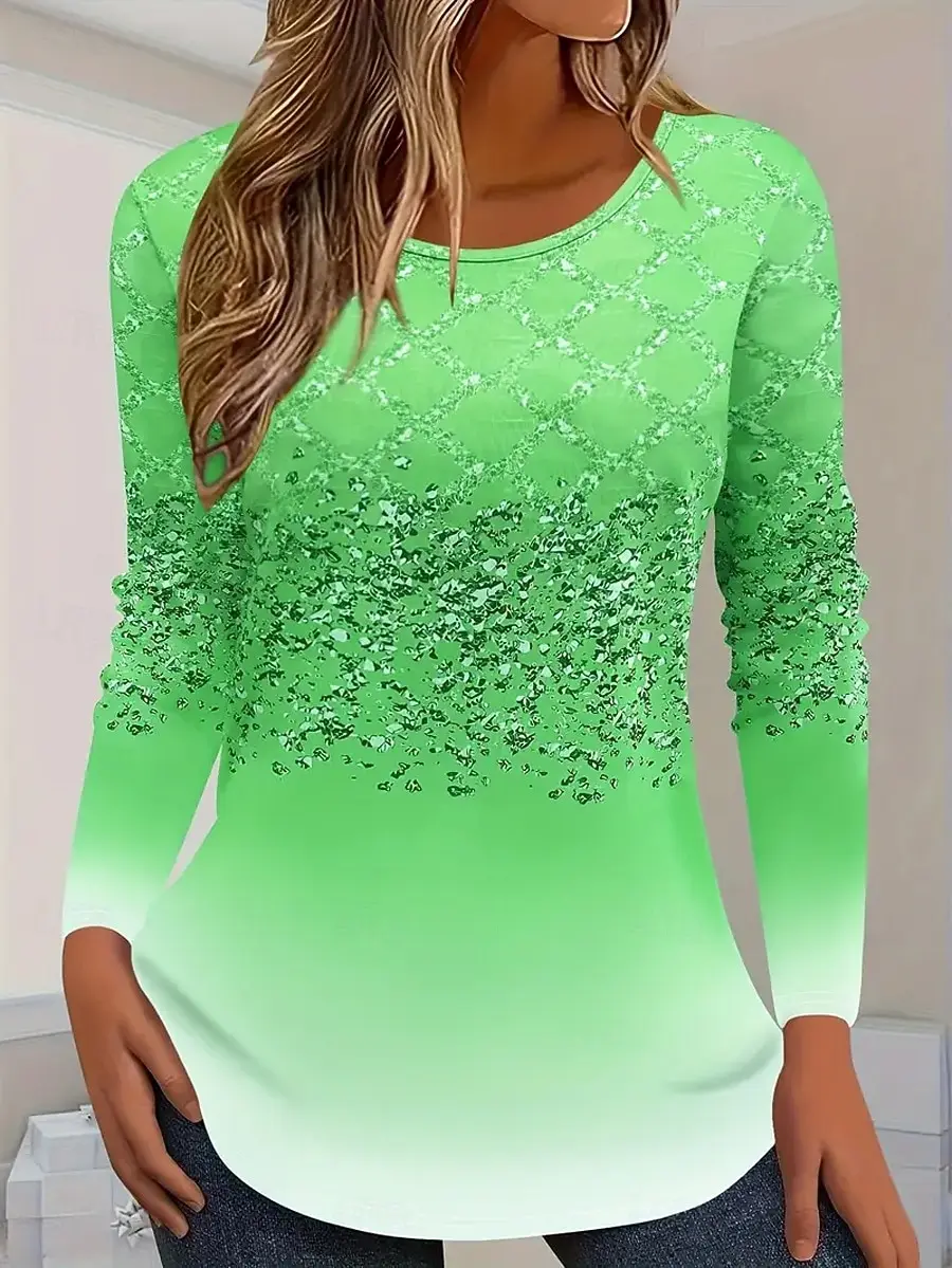 T-shirt da donna 3D elegante stampa sfumata moda manica lunga girocollo top regolare vacanza fine settimana primavera e autunno