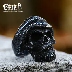 BEIER 2022 New Arrival Vintage Stainless Steel Beard Wearing Hat Skull Ring Old Man Biker Hip Hop Jewelry For Men