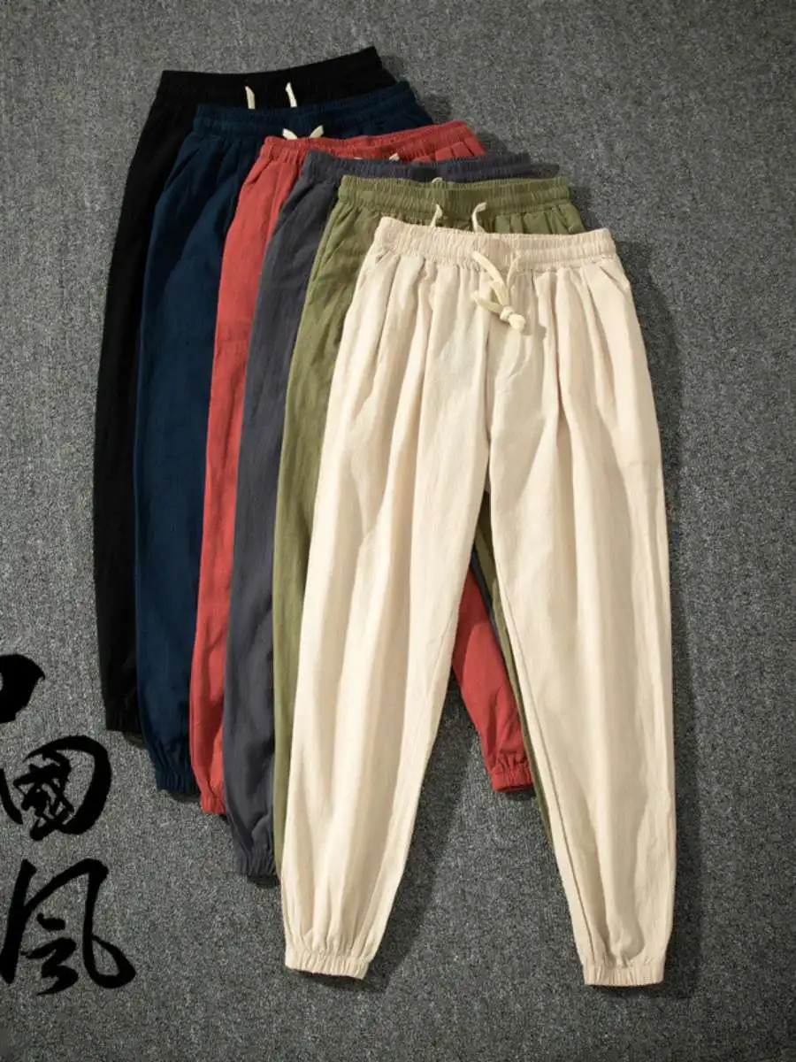 

New Summer Casual Loose Linen Trendy Nine-Piece Cuffed Pants Harajuku Sle Trousers Comfortable Breathable Men's Leisure Pants