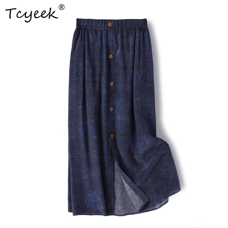 

Tcyeek 100% Real Mulberry Silk Summer Thin High Waisted Denim Blue Print A-line Medium Length Women's Skirt Faldas Para Mujeres