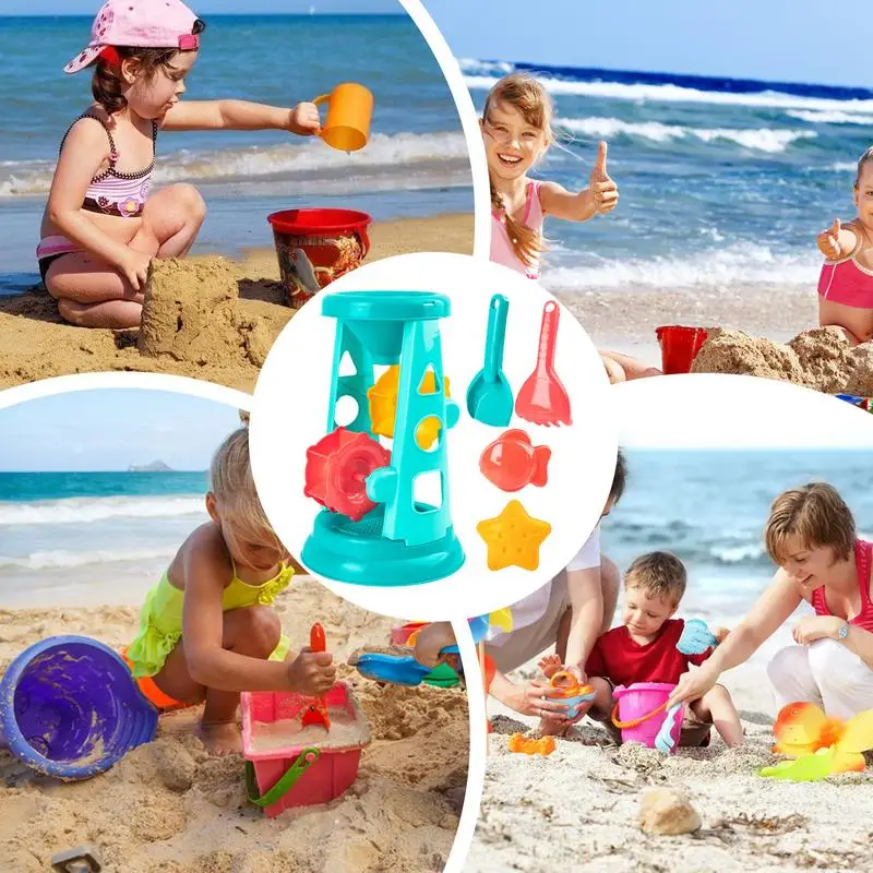 Juego de arena de playa portátil para niños, juguete de playa de 5 piezas, molino de viento, reloj de arena con moldes y palas