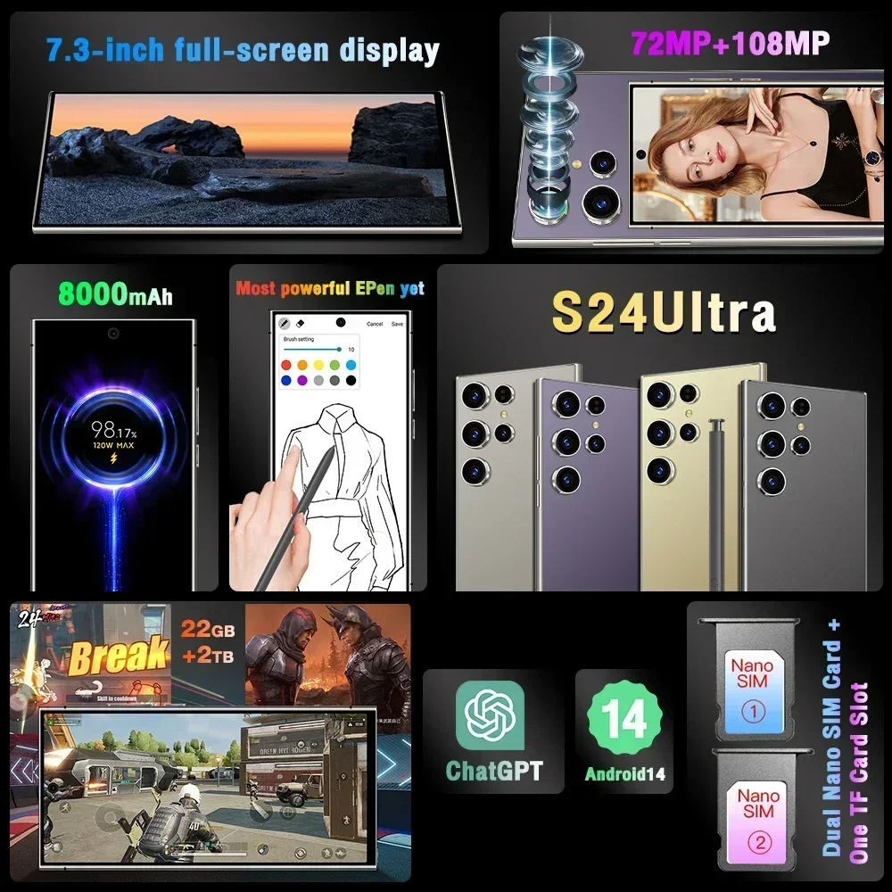 S24 울트라 스마트폰, 7.3 HD 스크린 휴대폰, 5G 듀얼 심, 108MP 카메라, 안드로이드 14, 잠금 해제 7000mAh, 10 코어 휴대폰, 22GB + 2TB