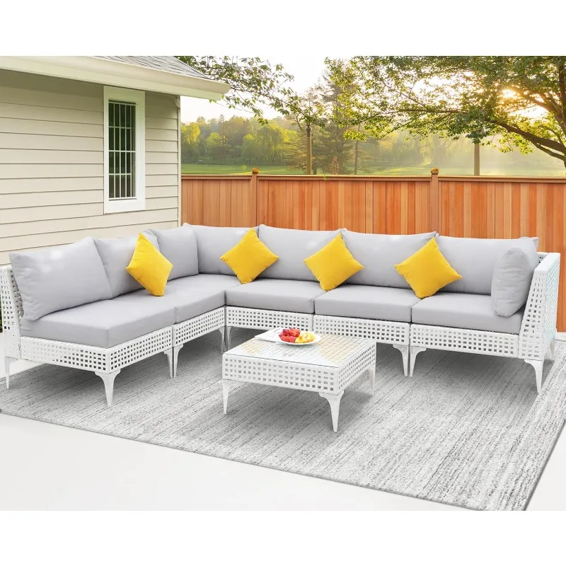 

7 Pieces 25.6" Deep Seat Patio Conversation Sets, White Open Weave Rattan Durable Patio Sectional Sofa, Weather Resista