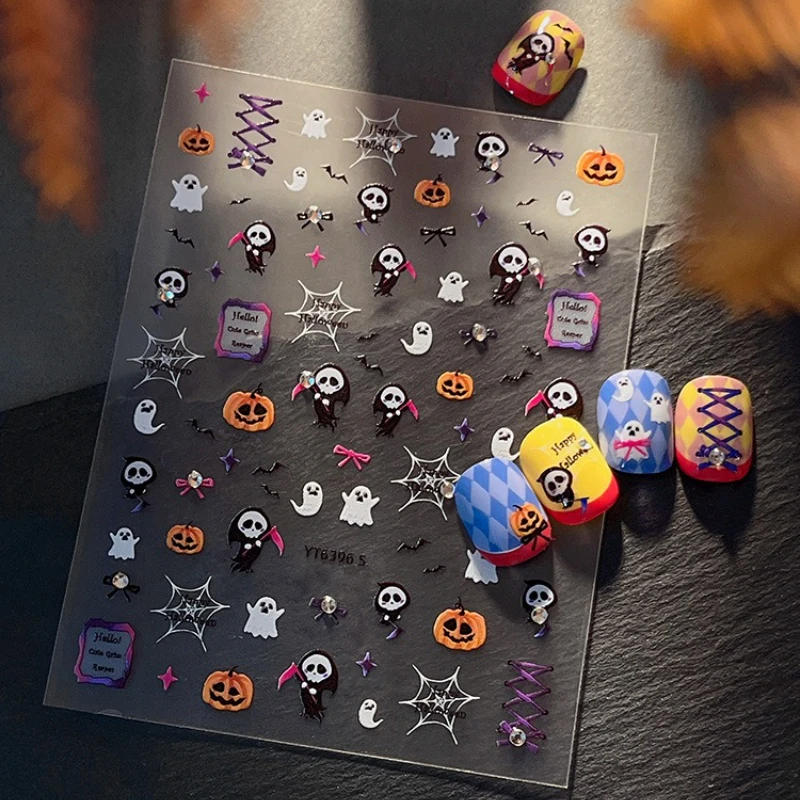1 ورقة 5D هالوين الرجعية الأظافر ملصقات الموت شبح الشر اليقطين مسمار الفن الديكور الكرتون DIY بها بنفسك ذاتية اللصق مانيكير المنزلق