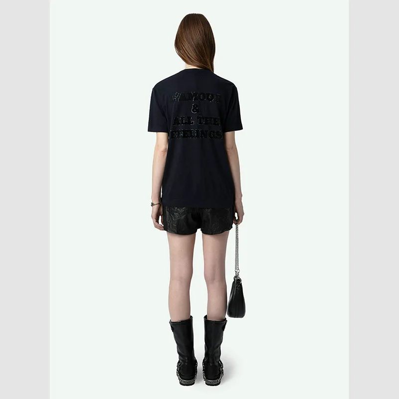 

Темно-синяя женская футболка, хлопковые футболки с v-образным вырезом, женские футболки с надписью и бриллиантами на спине, повседневные топы с короткими рукавами, летний пуловер, футболка