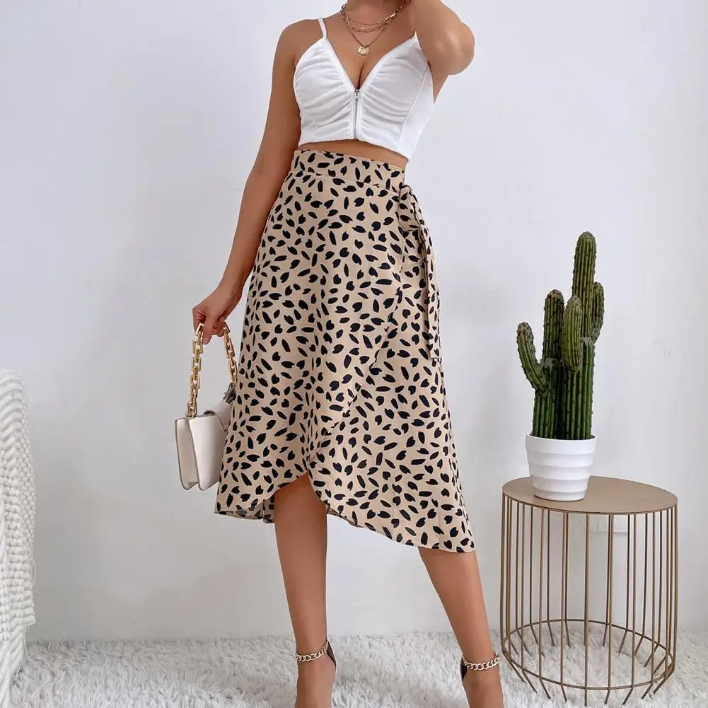 Lady Summer Skirt High Waist Split Lace Up Printing Irregular Hem Dress-up Knee Length A-line Summer Midi Skirt Female Clothes