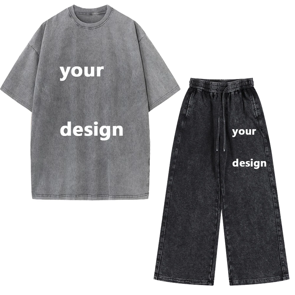 Men Women Cotton Washed T Shirt Pants Set 230G Custom Printed T Shirt Matching Set DIY Logo Pattern Casual Streetwear Outfit view 2