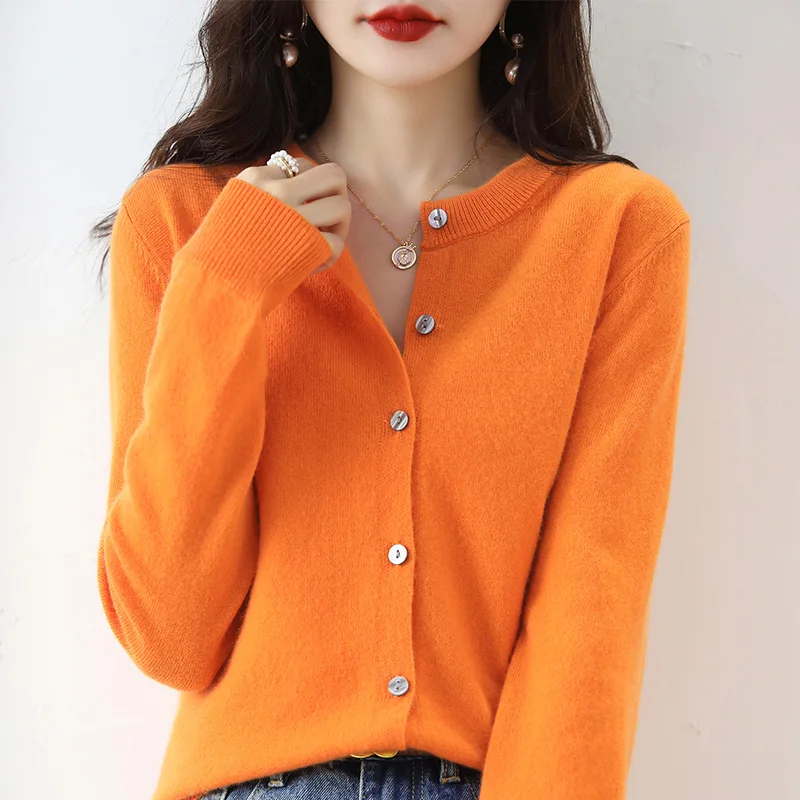 Knitted Cardigan Women\'s Sweater Autumn And Winter 2022 New Solid Color Coat Round Neck Short Long  Sleeve Loose  Korean Fashion