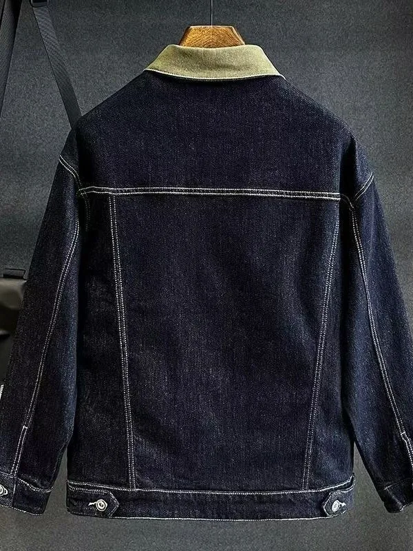 Retro American Washed Original Color Men's Denim Jacket Spring Autumn Loose Fit Collar Workwear Jacket Casual Wear