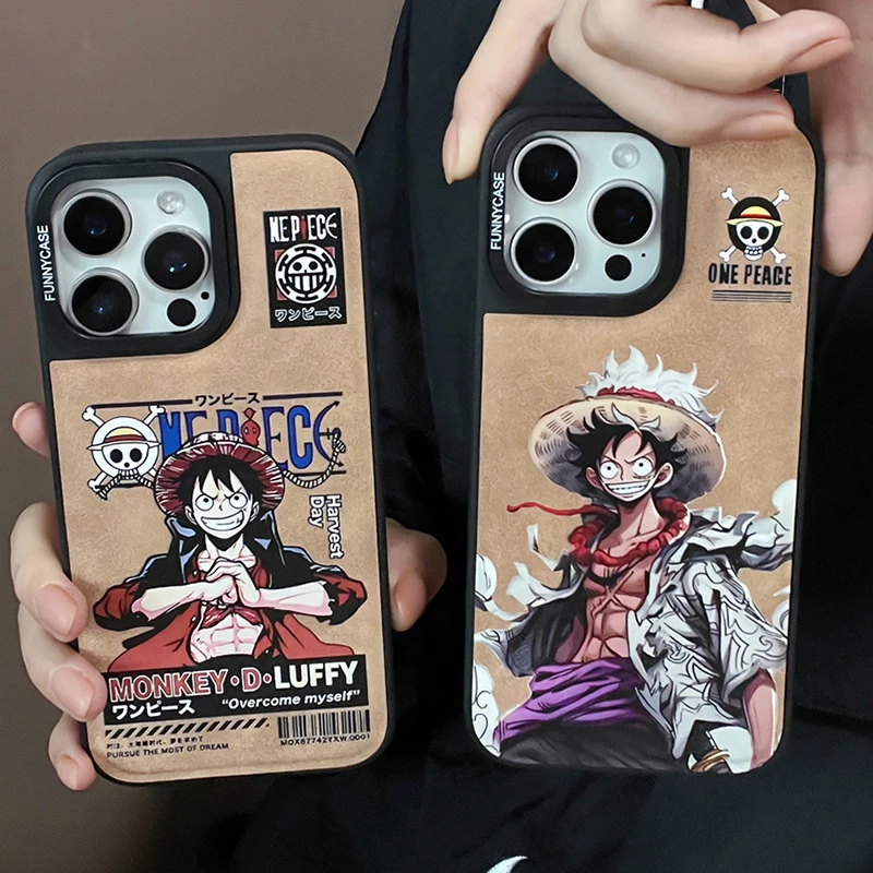 Anime Cartoon One Piece Veneering Leather Phone Case For iPhone 16 15 14 13 Pro Max Cute Matte Shockproof Hard Proteciton Cover