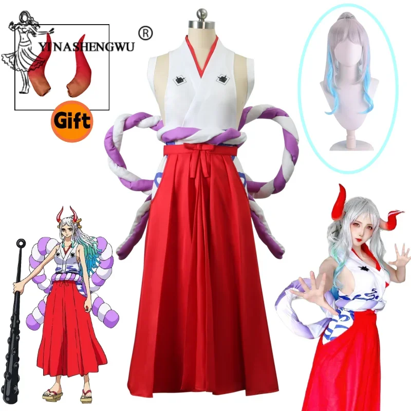 ONEPIECE Yamato Cosplay Costume Set Women Kimono Cosplay Anmie Wig Headwear Prop Halloween Carnival Party Uniform Suit Role Play