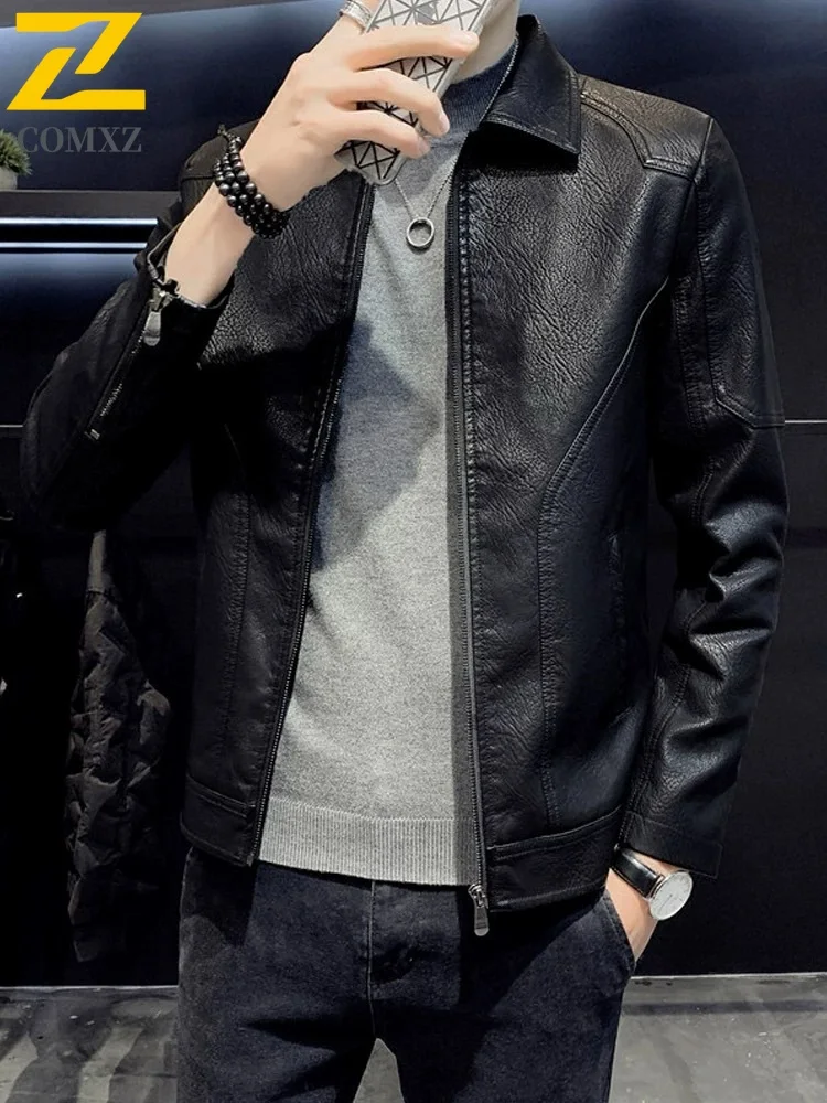 

Fashion Leather Jacket Men Turndown Collar Long Coat Zipper Long Sleeve New in Jackets 2025 New Chic Streetwear Motorcycle Tops