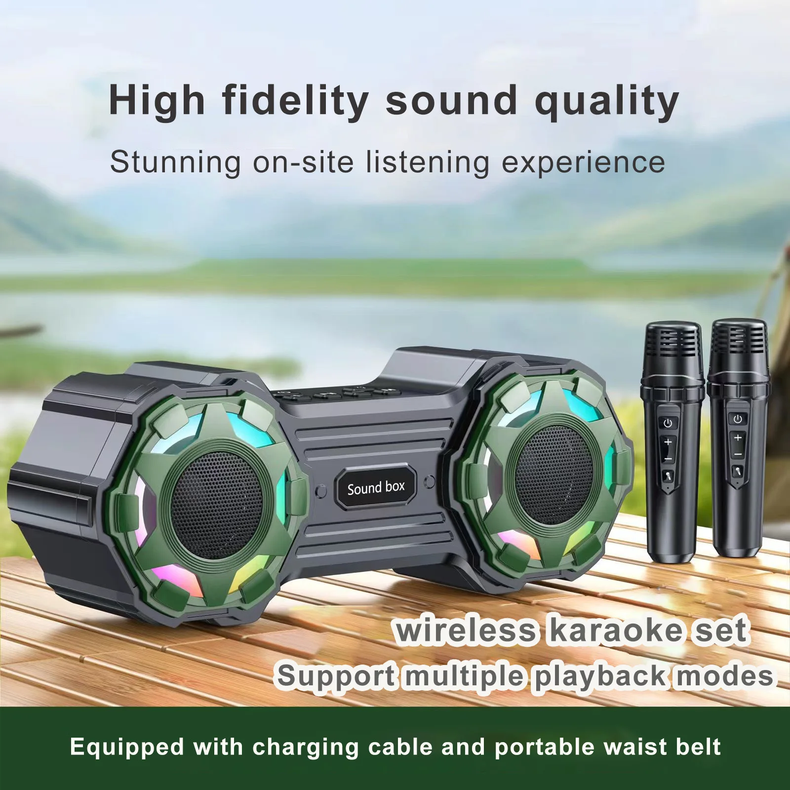 Portable Karaoke Bluetooth Speaker Professional Audio Tuning with 2 Wireless Mic HIFI Sound Quality USB BT Playback Mode Sounbox