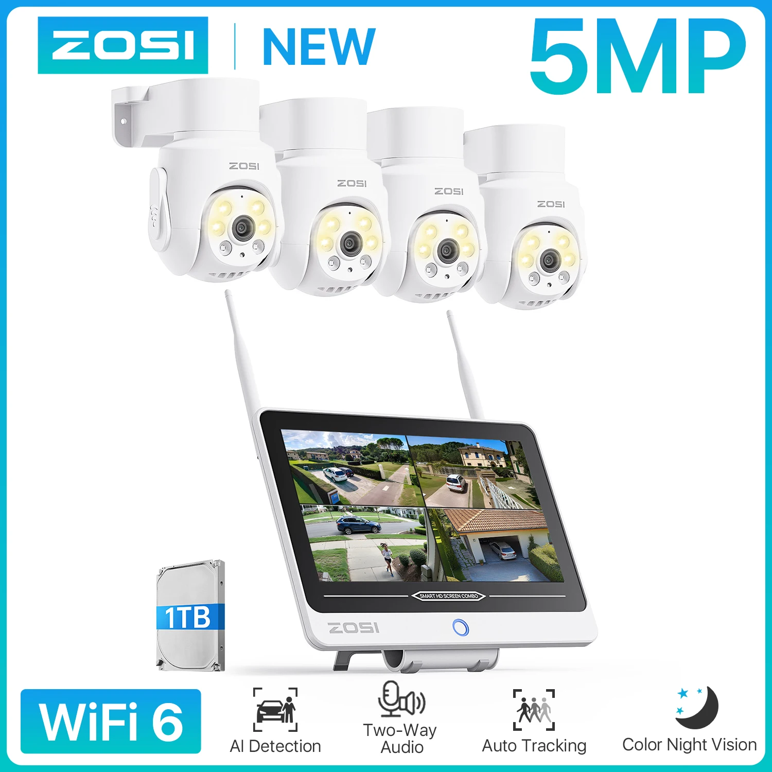 

ZOSI 8CH 5MP Wi-Fi 6 Security Camera System 12" LCD Monitor AI Person Detection 5mp Outdoor Indoor Pan Tilt Plug-in WiFi Cameras