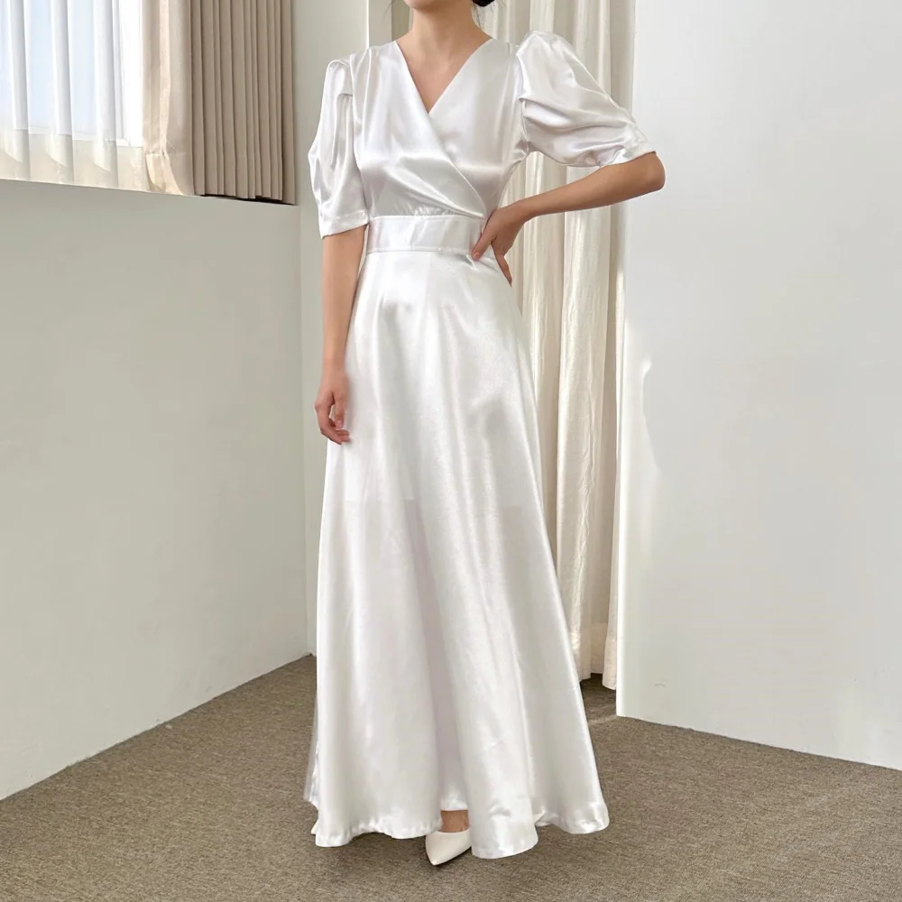 SONDR V-Neck Half Sleeves A-Line Bride Dresses Custom Made Ankle Length Satin Wedding Dress Robe De Mariée Evening Gown Bridal