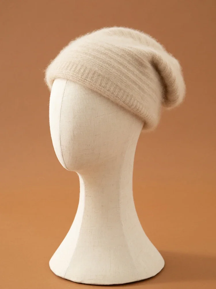 Women Wool Cashmere Ribbed Knitted Beanies Winter Warm Thick Caps Present Hat 2024 Cashmere Warm Big Bonnet Men #009