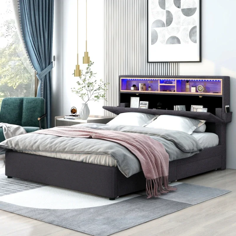 Charging Design Queen Size Upholstered Platform Bed with Storage Headboard, LED, USB Charging and 2 Drawers, Dark Gray