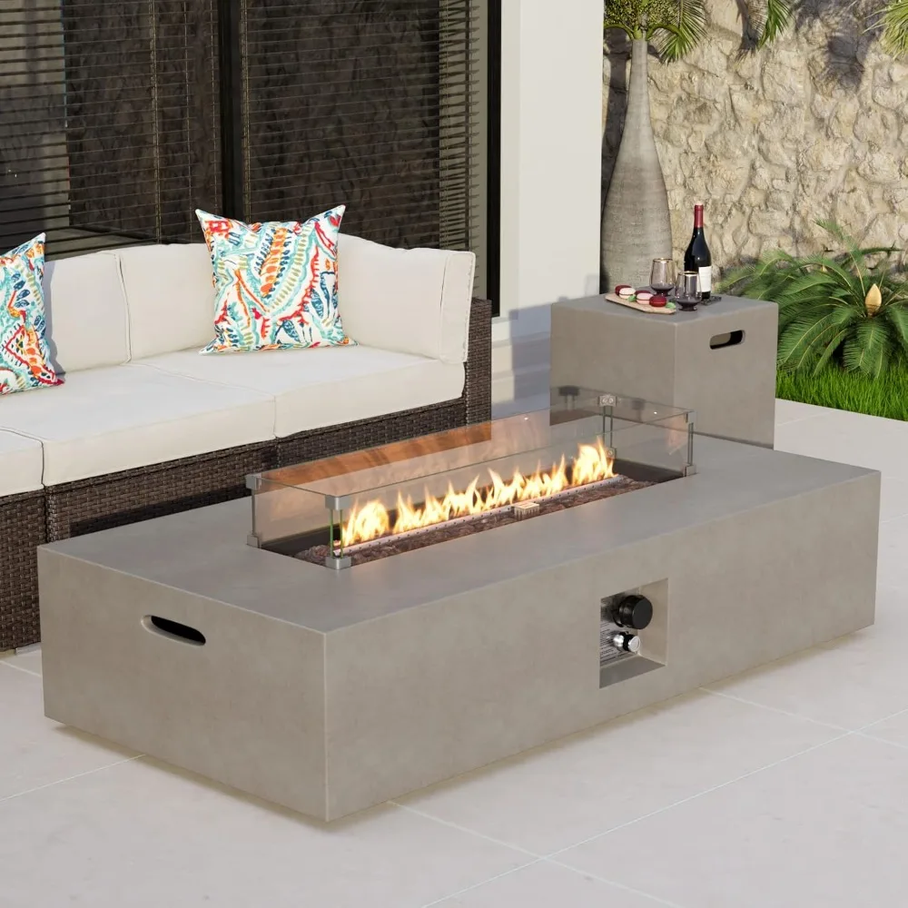 

2-Piece Outdoor Propane Fire Table Set, Rectangle Concrete 56" x 28" Gray Fire Pit (Certified, 50,000 BTU), Wind Guard