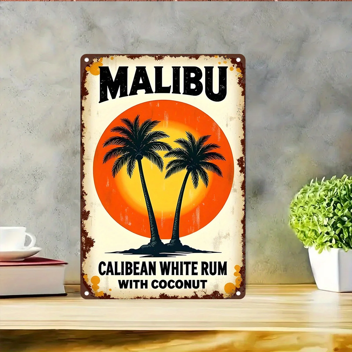[Activate ]2D Flat 2D Plane - [Enable] 2D Floating 1pc 20X30 Inch Vertical Retro Malibu Tropical Beach Metal Sign - Palm Tree An