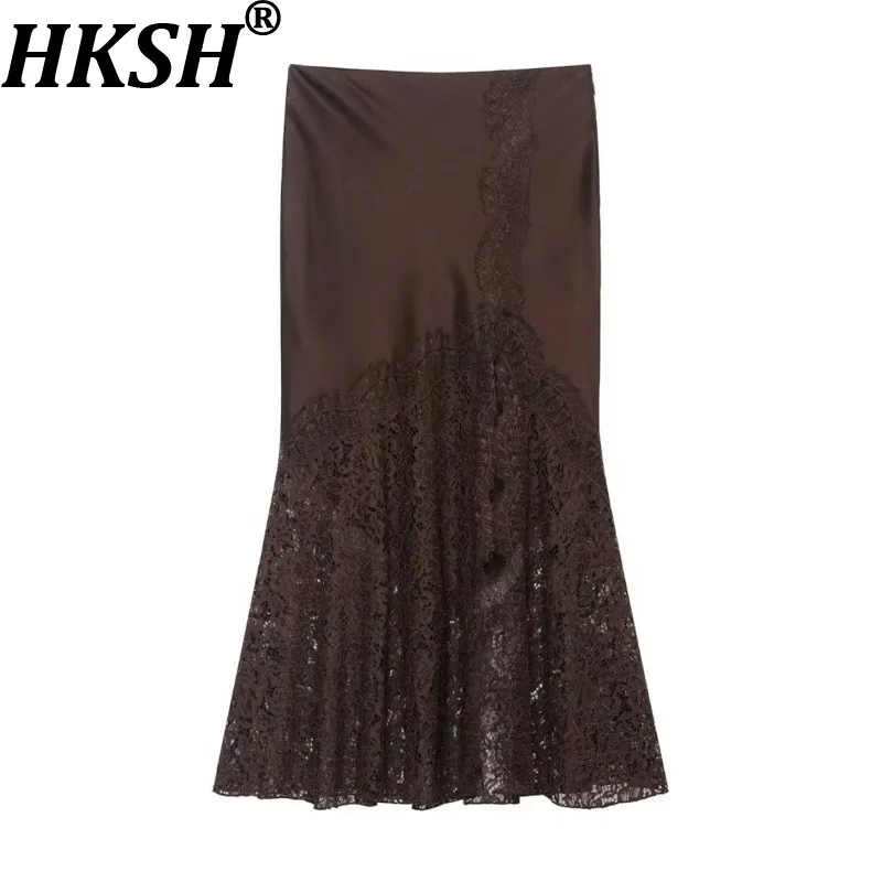 HKSH Spring Autumn New Women's Skirt Patchwork Lace Pleated Zipper Versatile Elegant Sexy High-end Trendy Trumpet Skirts HK15808