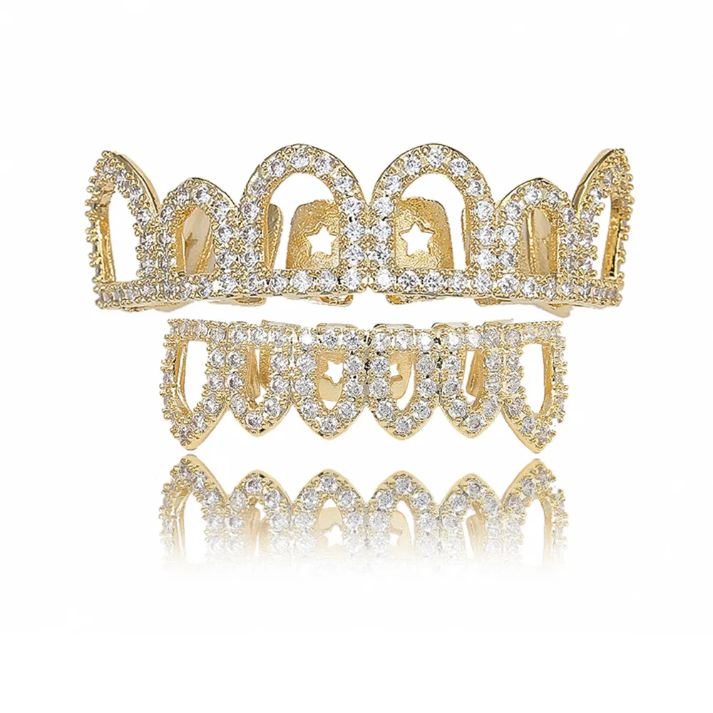 

Hip Hop Gold Braces Teeth Halloween Gifts Funny HIPHOP Hollow Micro-inlaid Zircon Gold Teeth