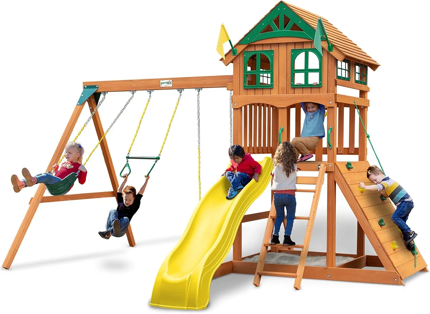 Outing Wood Swing Set with Wood Roof & Yellow Slide, Amber