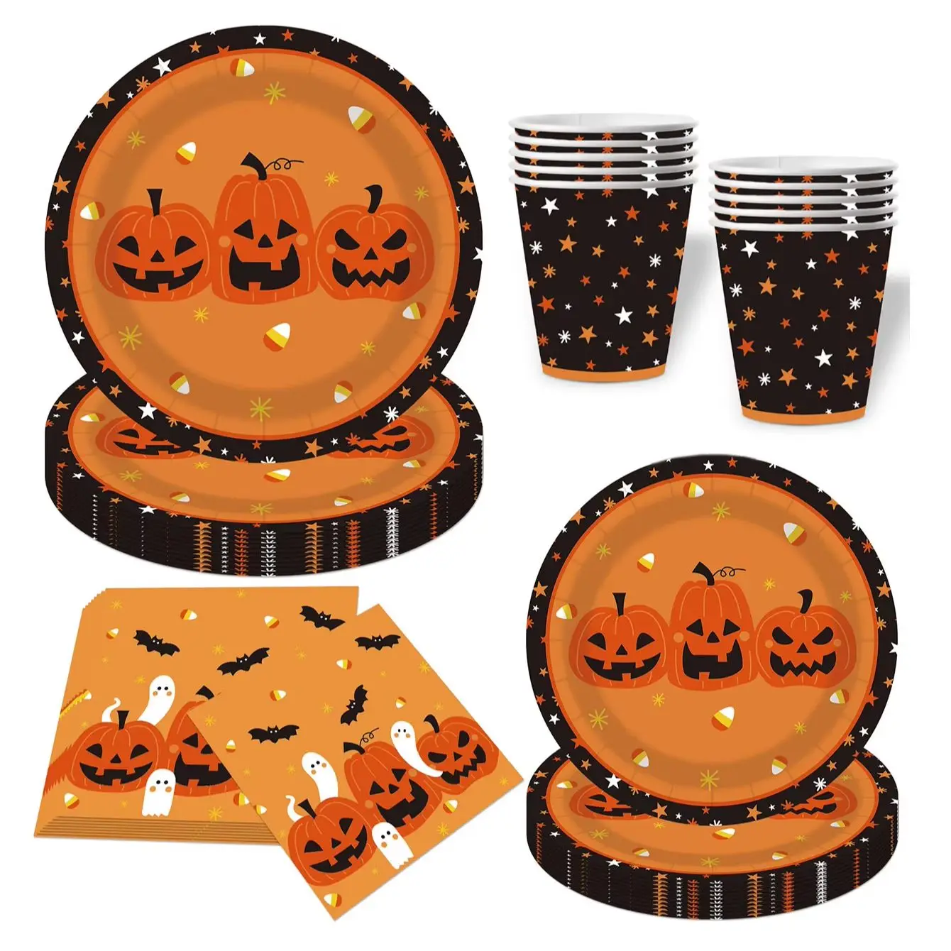 Halloween-Geschirrset, Teller, Becher und Servietten mit Kürbis-, Geister- und Sternenmuster, Tischdekoration für Kinderpartys – Detail 1