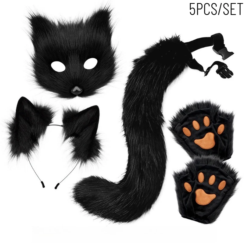 5PCS/SET Halloween Party & Festival DIY Decor Costume Set Plush Black Wolf Cat Mask Ear Headband Tail Gloves Kit Stage Cosplay