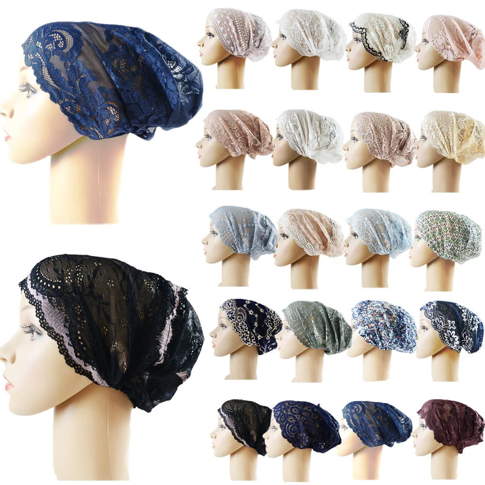 Ramadan Lace Florals Soft Breathable Stretchable Hijab Caps Fashion Muslim Women Inner Turban Hats Islamic Under scarf Headwear