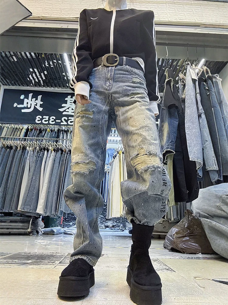 

Harajuku Streetwear Washed Dirty Baggy Blue Jeans for Women Straight Vintage Casual Spliced Denim Trousers Ropa Hombre Cargos