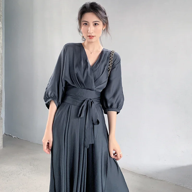 Elegant Summer Dress Satin Smoke Grey Surplice Wrap Knot Half Sleeve High Waist Party Dresses Women Clothes 2024 Autumn