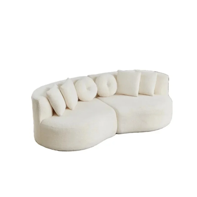 Modulares Chenille-Sofa, geschwungenes Cashew-Form-Design, durchgehende Rückenlehne, komplettes Set mit 6 Kissen in verschiedenen Formen, weich gepolstertes Sofa ohne harte Kanten, komfortables