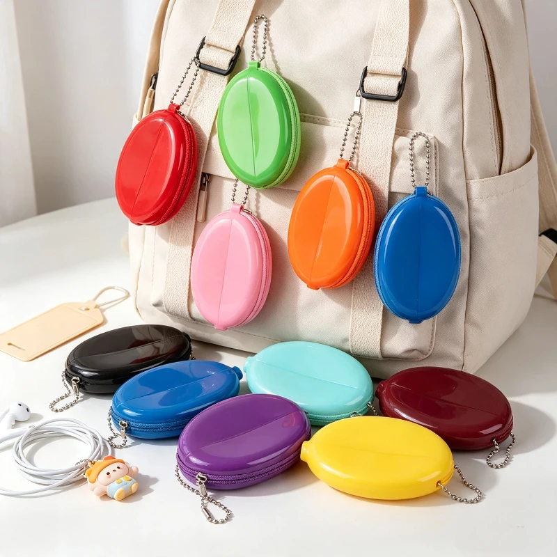 Mini Oval PVC Coin Purse Portable Storage Bag With Chain Solid Color Fashion Pouch For Earrings Rings Bag Pendant
