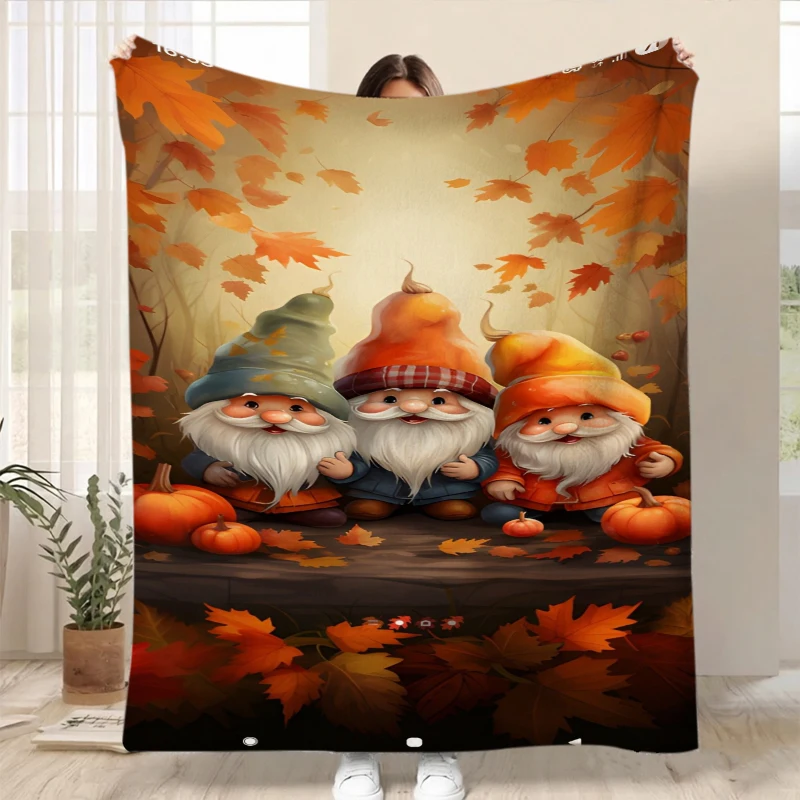 Autumn Gnome Pumpkin Leaves Seasonal Flannel Blanket For Cozy Bedroom Decor Soft Warm Throw Blanket Wrap