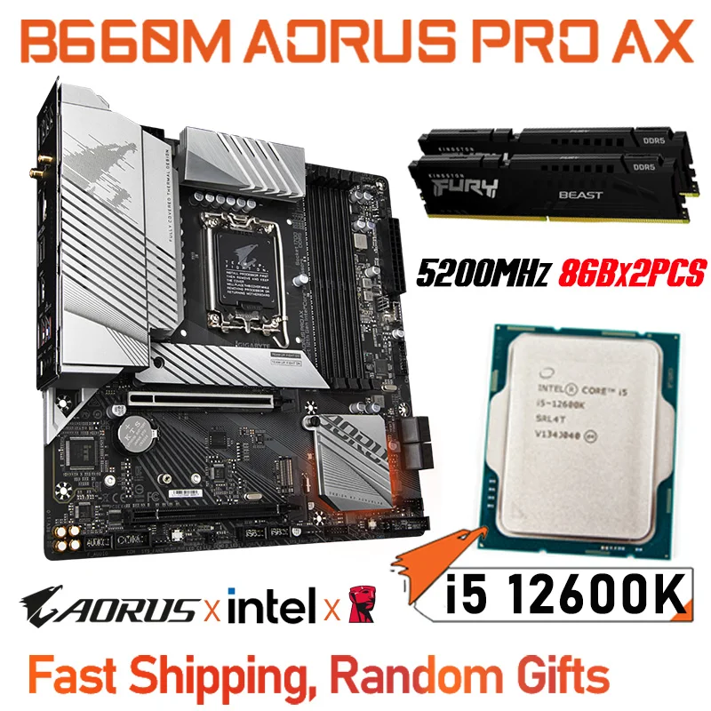 

i5 12600K LGA 1700 CPU + Gigabyte B660M AORUS PRO AX Motherboard Combo i5 + DDR5 5200MHz 16GB Kingston Ram Intel B660 Kit New