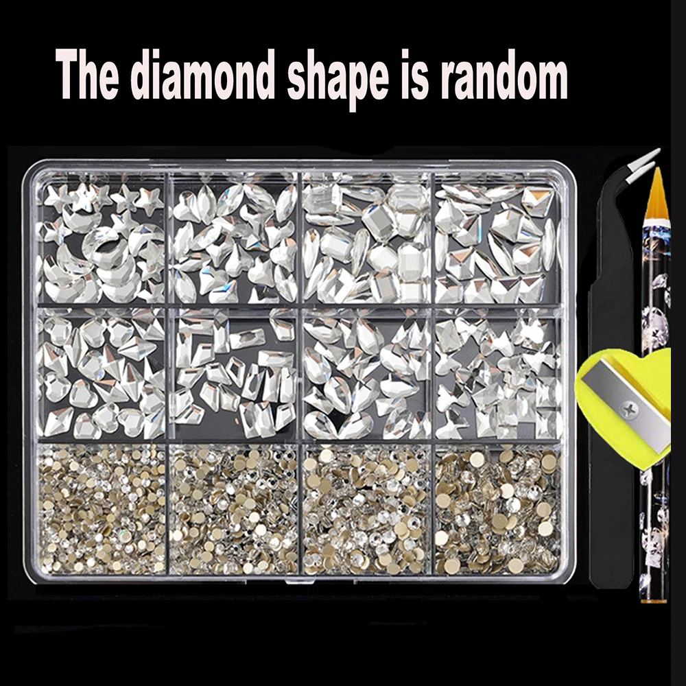 12Grids(400-500Pcs)3D Mixed-shapes Glass Crystal Nail Art Rhinetsone Shiny Red/Blue/Clear Nail Crystal DIY Flat-Bottom Diamond