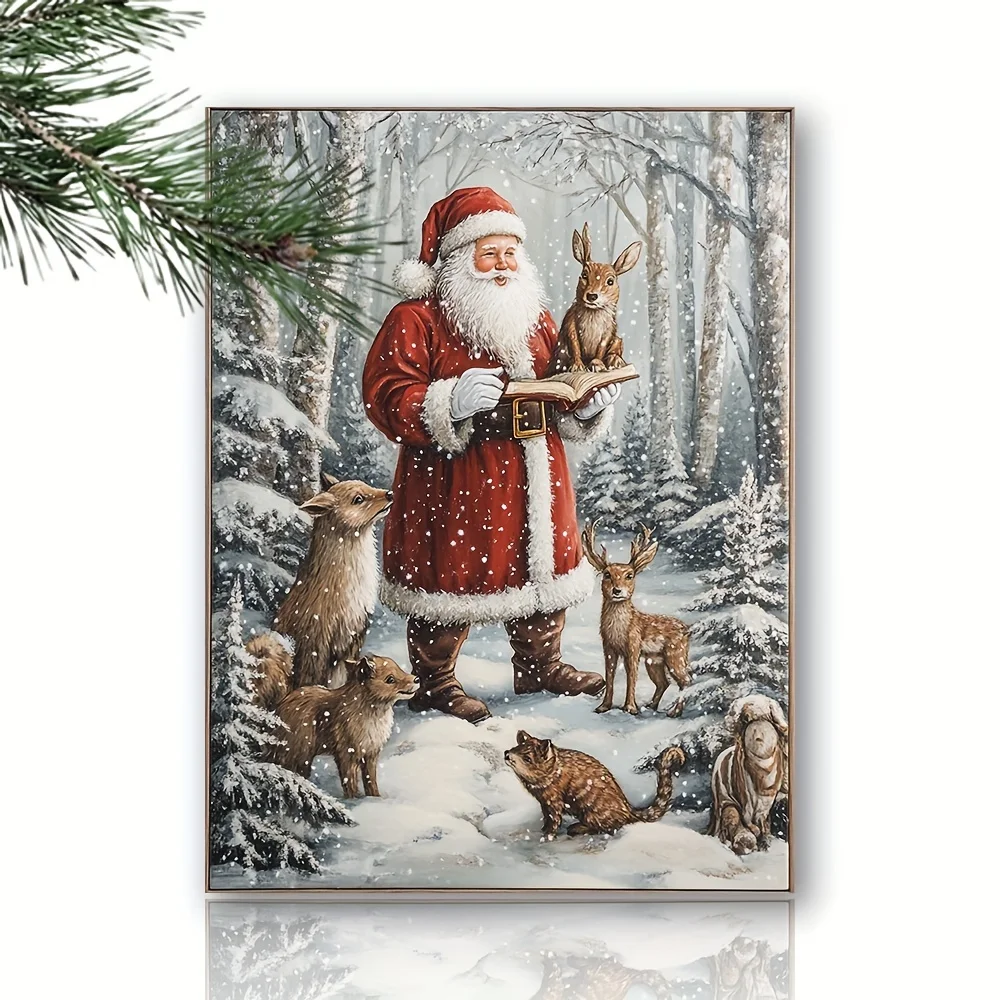 

Christmas Winter Scene Canvas Painting Forest Animals - Framed Father Christmas with Deer and Rabbit Pattern Holiday Decoration